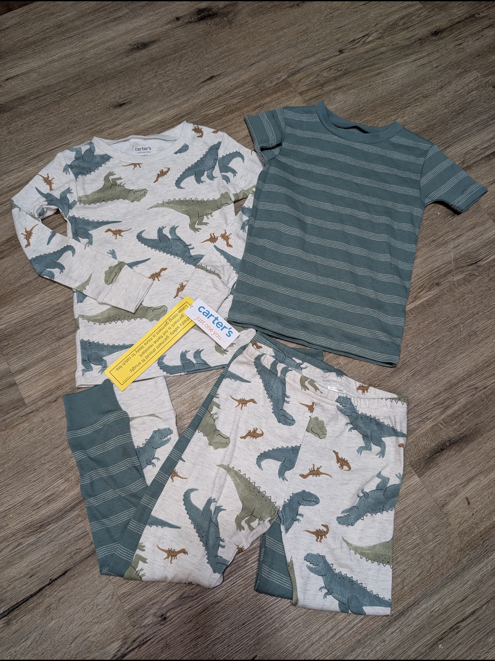 Carter's Boys 4T Dinosaur Print Green Stripe Pajama Set Short/Long Sleeve Pants